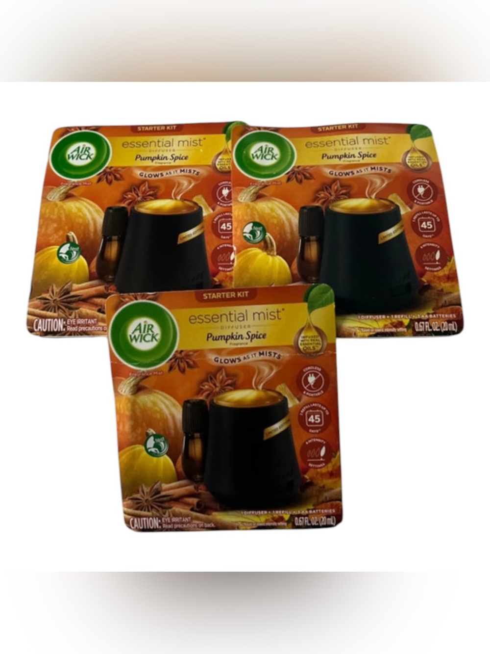 Air Wick Essential Glow Mist Pumpkin Fall Spice Oil Air Diffuser Lot Of 3
